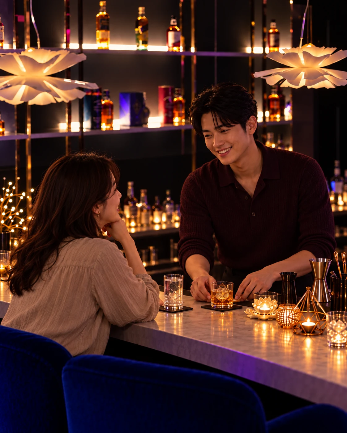 부산 서면 여자 혼술바 비아이피바 바텐더와 편안하게 대화를 나누는 여성 손님
