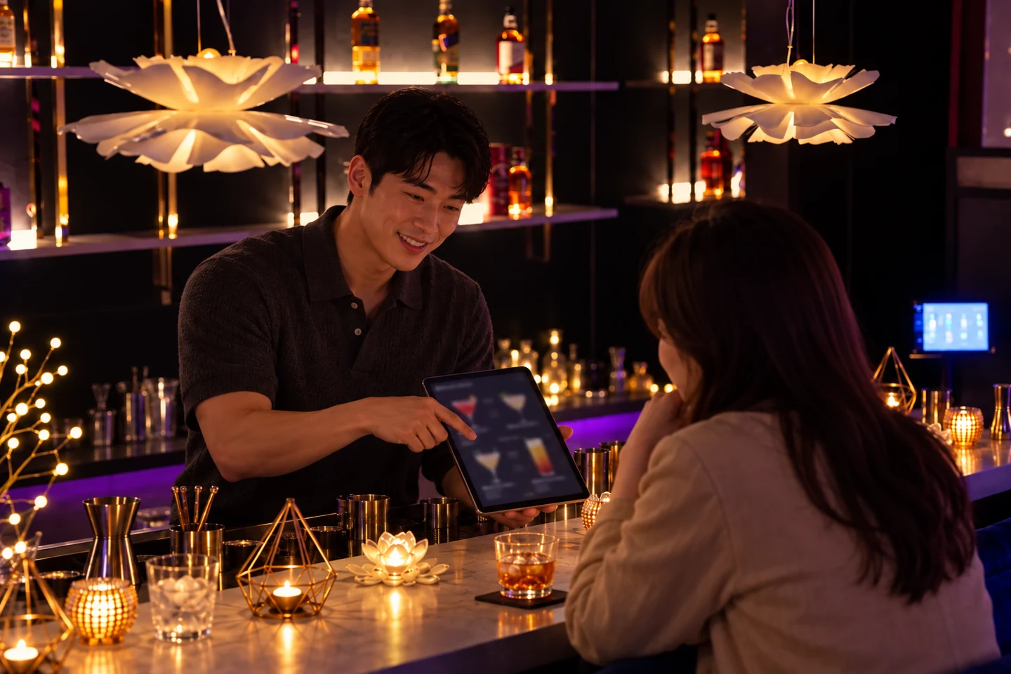 부산 서면 여자 혼술바 비아이피바 메뉴를 설명하며 손님과 대화하는 바텐더